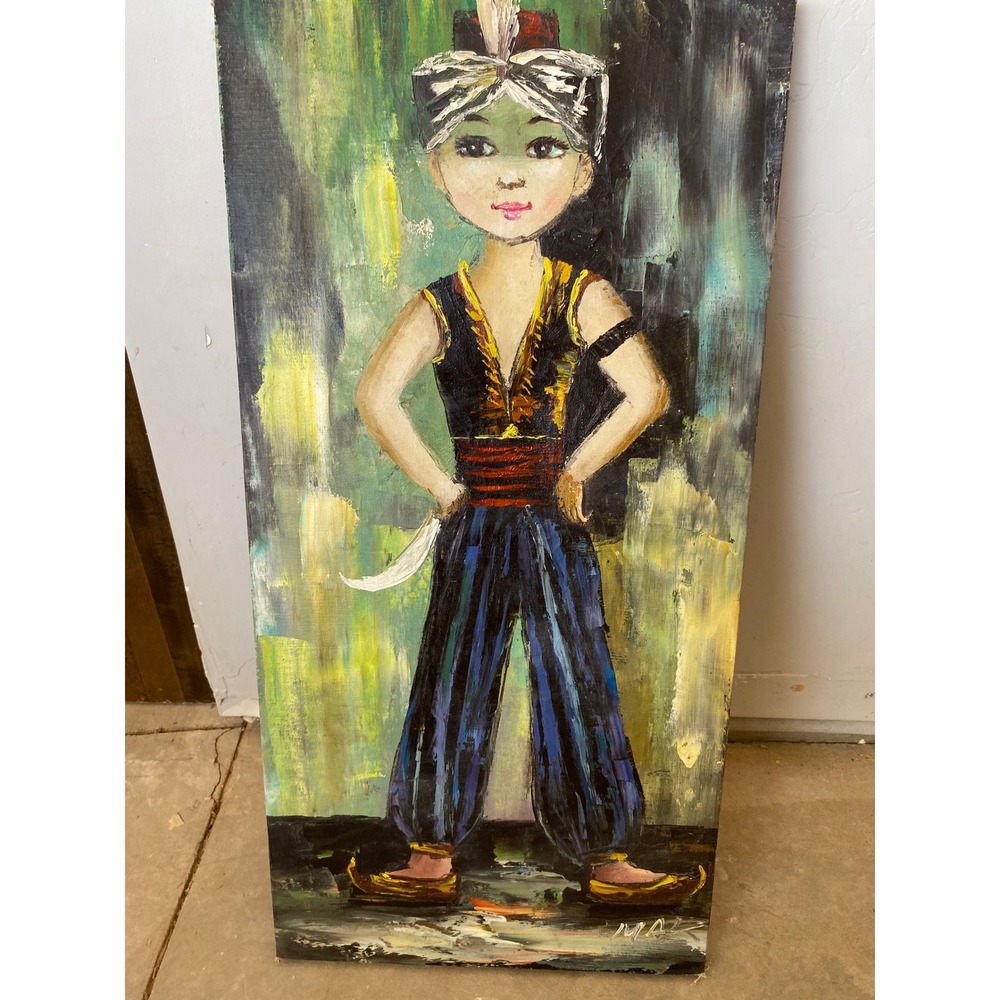 Vintage 60s MCM Oil Painting Boy Sultan  Big Eye Harem Pants Impasto Art Signed